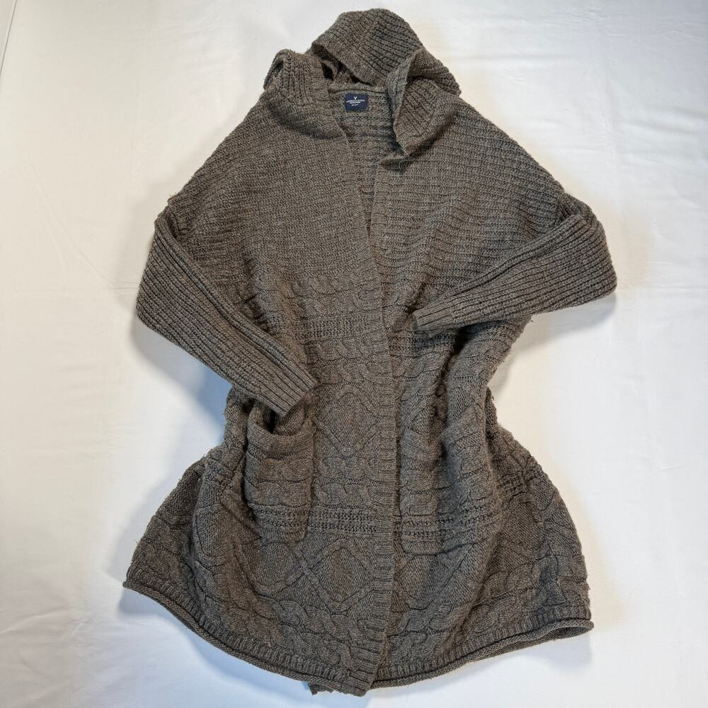 American Eagle Outfitters Cable Knit Hooded Brown Cardigan - Sz L/XL